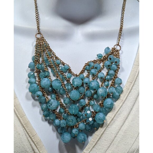 Cascading Aqua Blue Beaded Necklace On Gold-Tone Chain - Picture 4 of 5